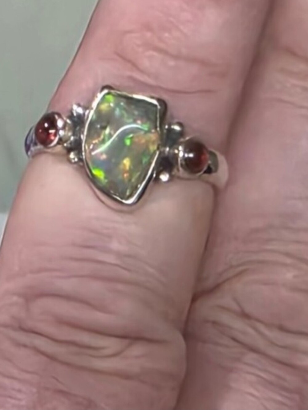 ETHIOPIAN Opal Ring with Garnet Gemstones Silver Band 6.5